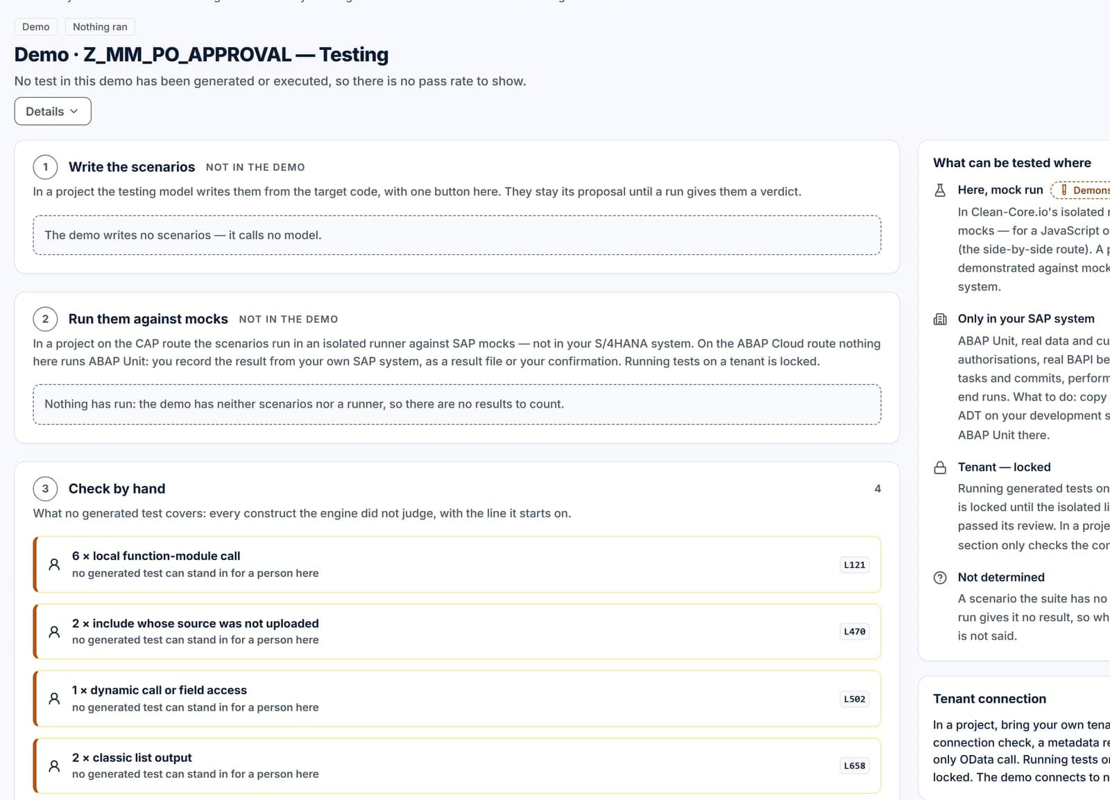 Testing stage of the demo project Z_MM_PO_APPROVAL: that nothing has run in the demo, where each kind of test runs — against mocks here on the CAP route, ABAP Unit only in your own SAP system — and the areas a tester checks by hand with their lines.