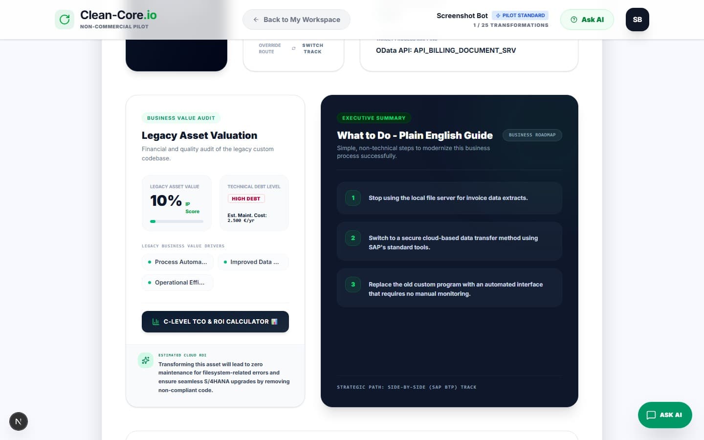 Clean-Core.io Deep Code Intelligence dashboard analyzing legacy SAP ABAP custom code, showing dependency graphs, business rules, and Clean Core compliance score.